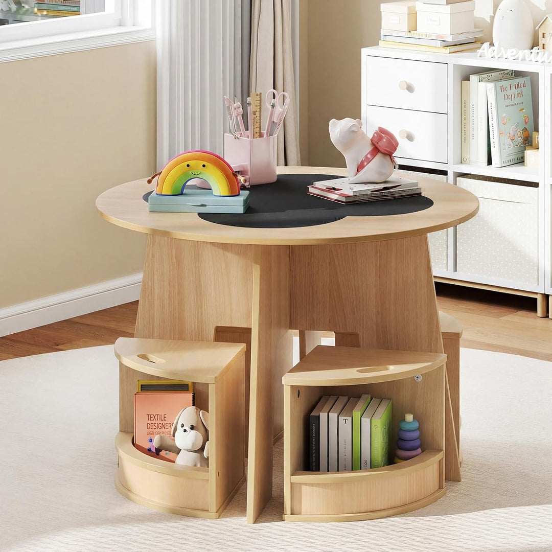 FANTASK 5-TLG. Kindertisch Stuhl Set Rund, Holztisch mit 4 Stauraumhockern, Maltisch für Kinderzimme
