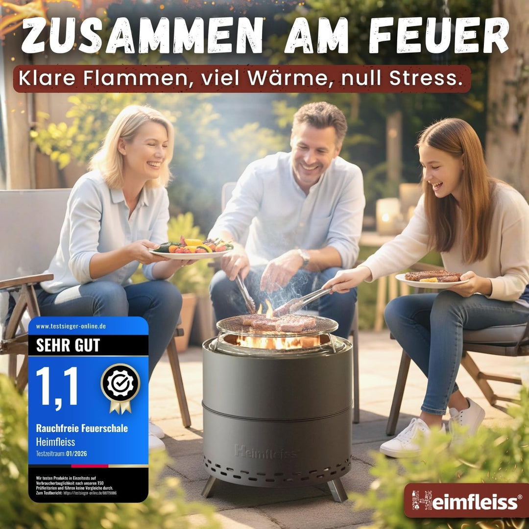 Heimfleiss® Rauchfreie Feuerschale Edelstahl Ø50cm | Feuerkorb mit Grillrost | Feuerschale Rauchfrei