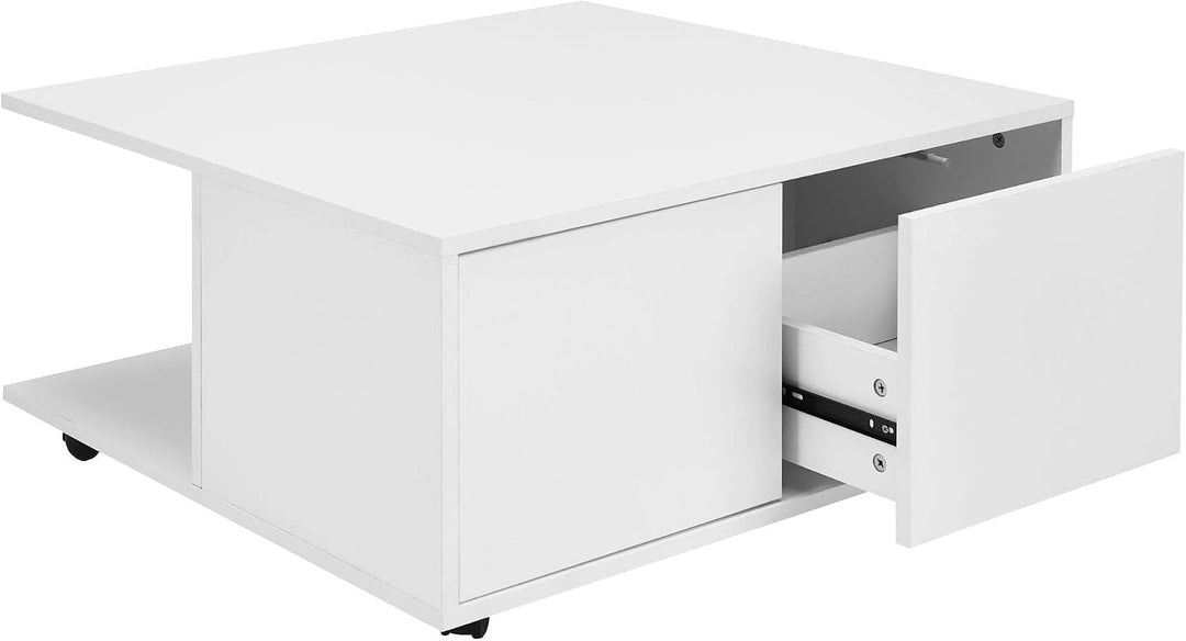 Couchtisch RAPIDO: 70x70x36,5 cm, 2 Schubladen, Rollen, Melaminharzbeschichtung, Weiss/Anthrazit Far