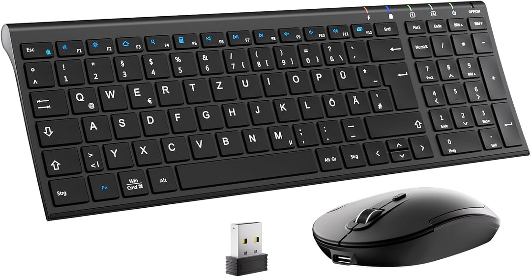 iClever 2.4G Tastatur Maus Set Kabellos, Aluminium Wireless Slim Tastatur QWERTZ Layout (Deutsch), f