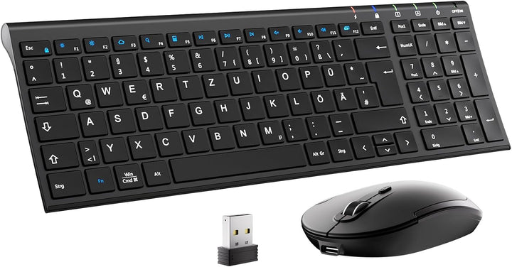 iClever 2.4G Tastatur Maus Set Kabellos, Aluminium Wireless Slim Tastatur QWERTZ Layout (Deutsch), f