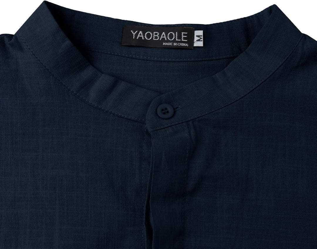 YAOBAOLE Leinenhemd für Herren, Casual, Sommerhemd, leicht, lange Ärmel, Knöpfe, Mao-Kragen, Strand,