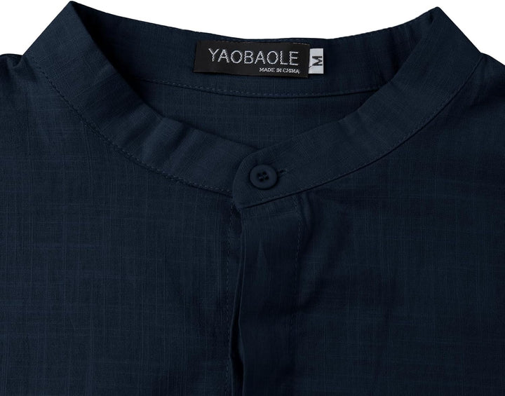YAOBAOLE Leinenhemd für Herren, Casual, Sommerhemd, leicht, lange Ärmel, Knöpfe, Mao-Kragen, Strand,