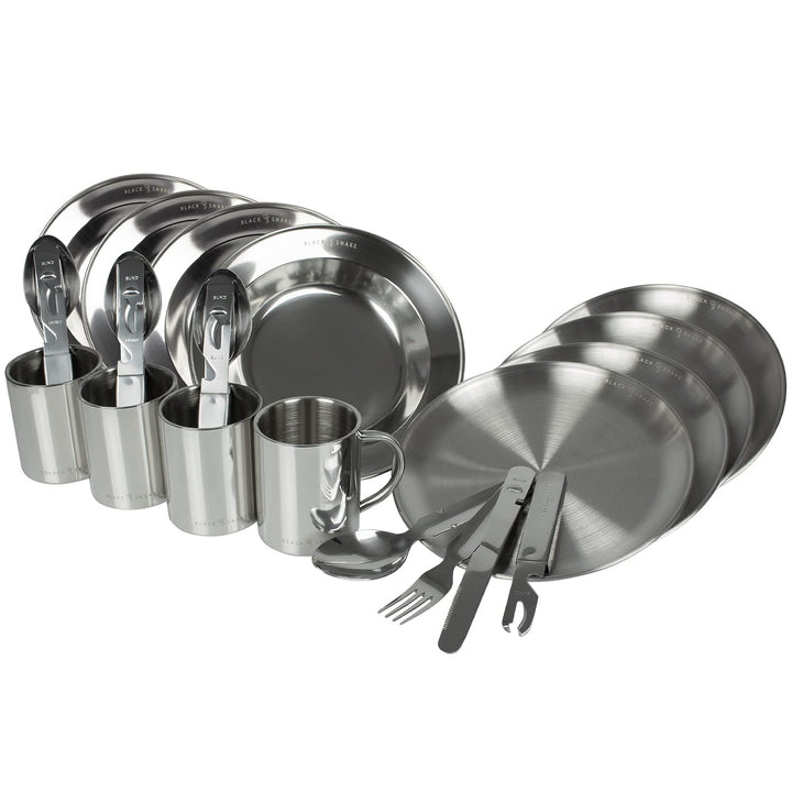 Black Snake® Camping Geschirr Set - Flacher & tiefer Teller mit Besteck und Tasse - Edelstahl Outdoo