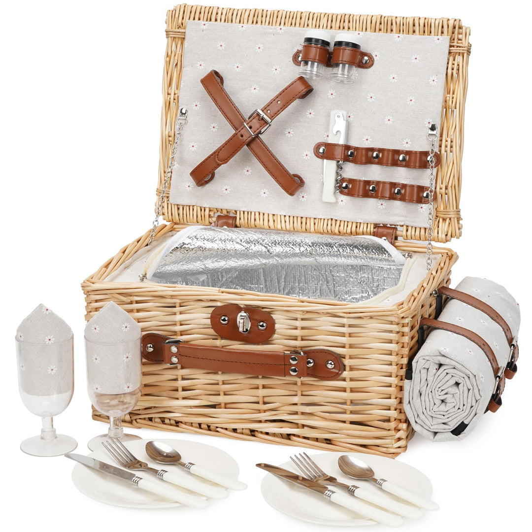 Picknickkorb für 2 Personen, Picknickkorb-Set mit Kühlfach und wasserdichte Picknickdecke, Besteck S