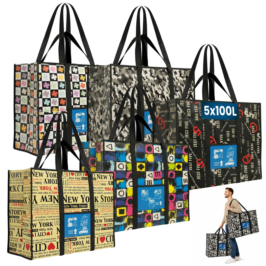 5er-Set XXL Umzugstaschen 100L mit Rucksackfunktion & verstärkten Griffen, extrem robuste Kleidertas