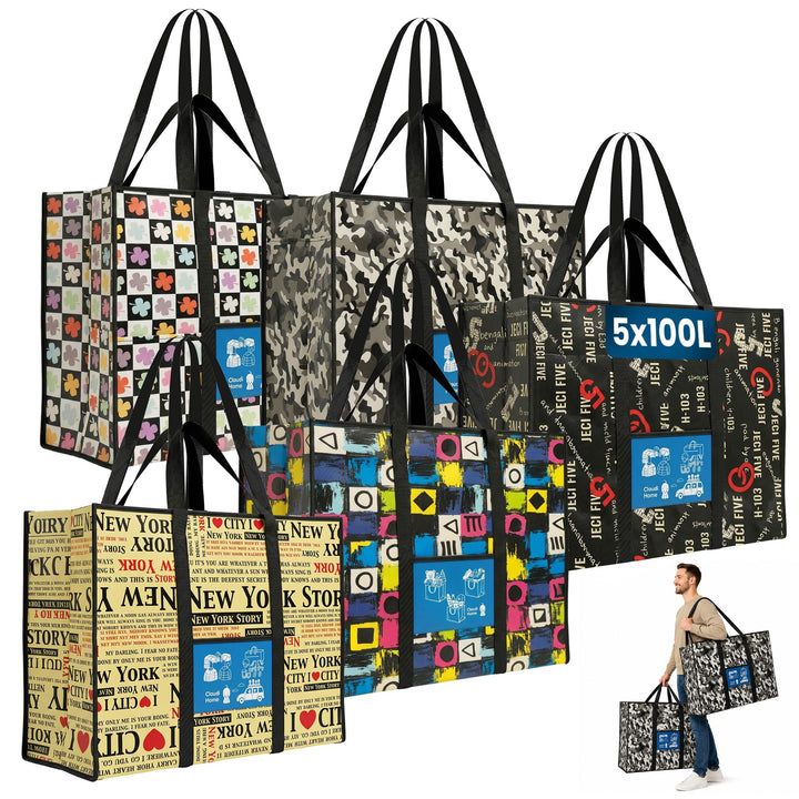 5er-Set XXL Umzugstaschen 100L mit Rucksackfunktion & verstärkten Griffen, extrem robuste Kleidertas