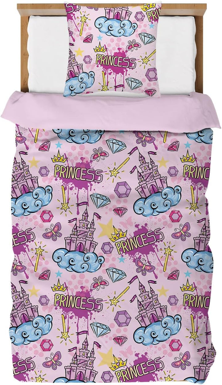 DJDEA Rosa Burg Bettwäsche 135 x 200 cm Kinder Weich Mikrofaser, Burg Motiv Bettwäsche-Sets mit Reis