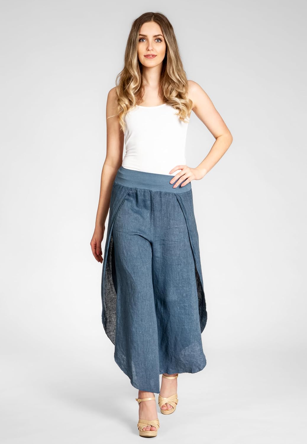 Caspar KHS053 leichte Elegante Damen Leinen Sommerhose 36 Jeans Blau, 36 Jeans Blau