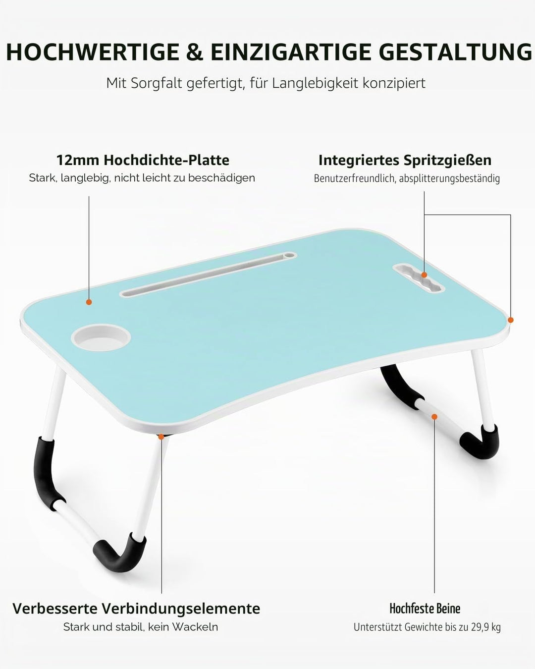 Faltbarer Laptoptisch, tragbarer Schossschreibtisch, Betttisch, Laptop-Ständer mit Getränkehalter &