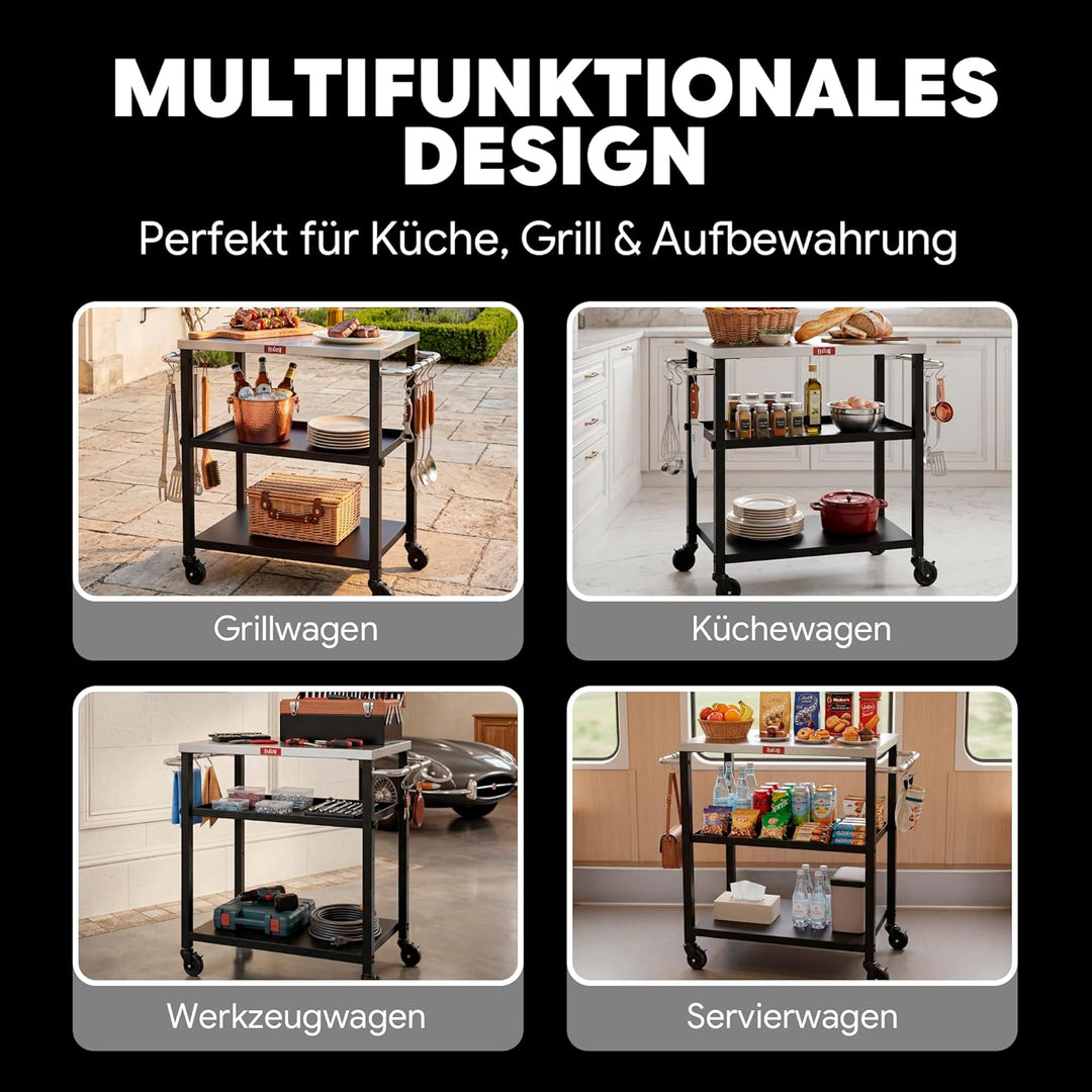 Feasto 3 Etagen mobiler Grilltisch mit Edelstahl - Arbeitsplatte, 2 Griffen, höhenverstellbarer Mitt
