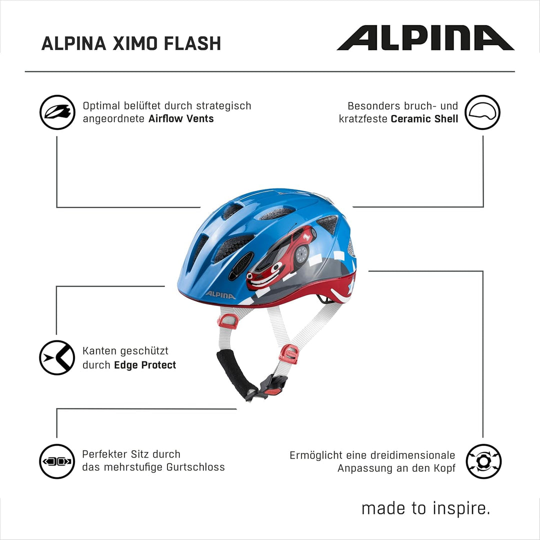 ALPINA XIMO FLASH - Beleuchteter, Reflektierender, Leichter & Anpassbarer LED Fahrradhelm Für Kinder
