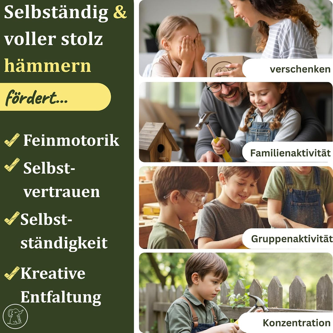 Eli® Kinderhammer + Holzraspeln – Echtes Werkzeug für Kinder mit ergonomisch rutschhemmenden Griff –