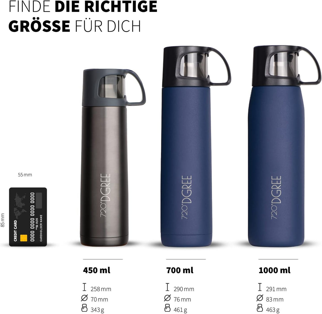 720°DGREE Thermoskanne mit Becher “Follow” - 450ml, 700ml, 1l - Auslaufsicher, BPA-Frei - Edelstahl