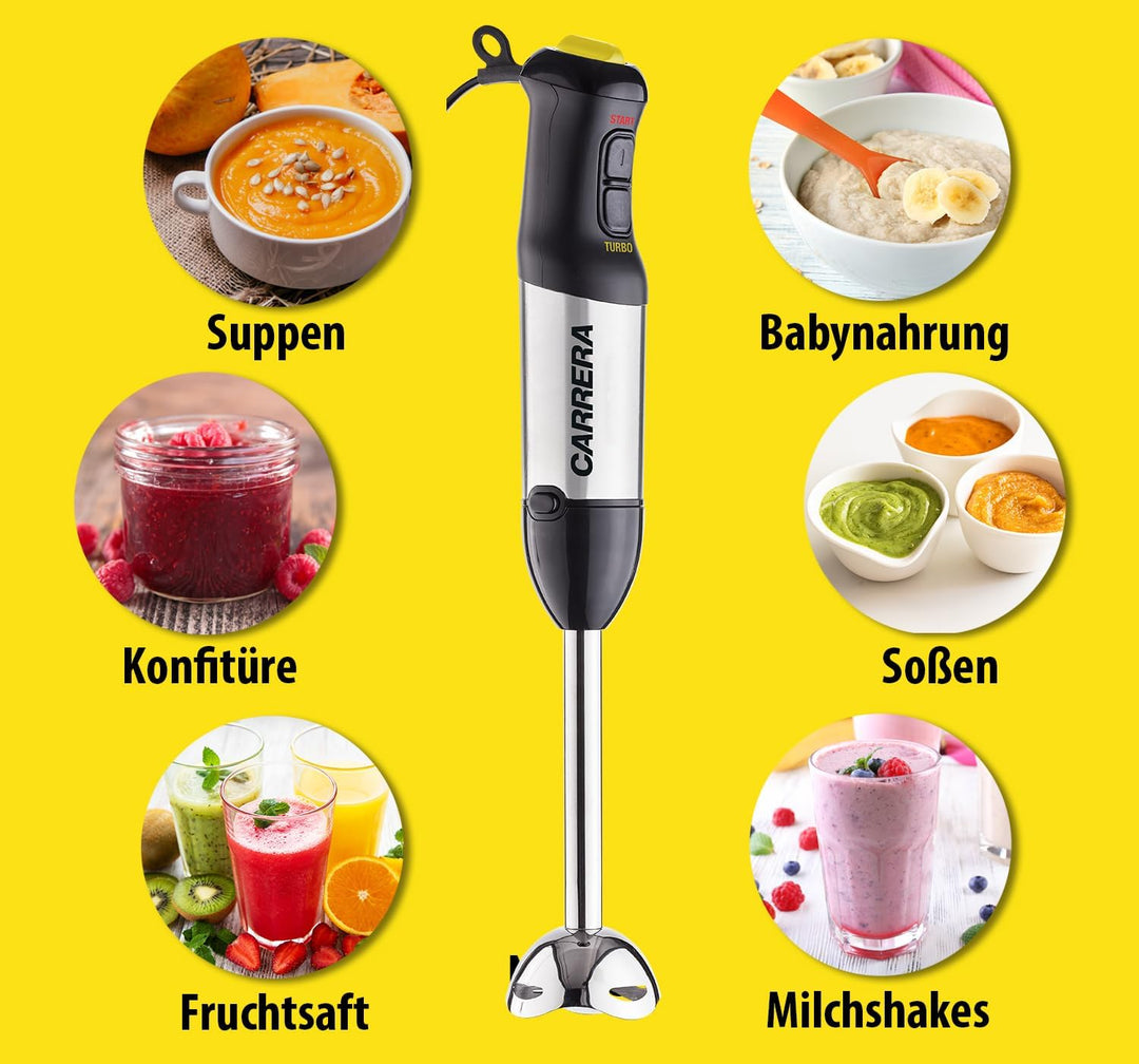 CARRERA Stabmixer [10 Geschwindigkeiten] Pürierstab - Hand Blender - Mixstab Set - Edelstahl - Rührs
