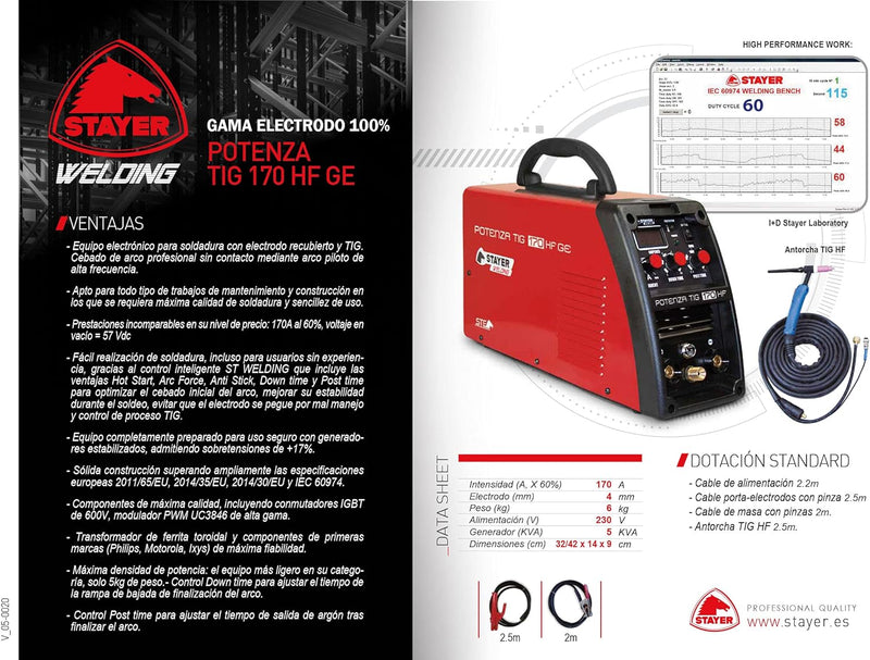 Stayer Welding Potenza Tig 170 Hf Inverter für Schweissgerät Tig 170 (60 %) A 4 Mm 5 kg Kva5
