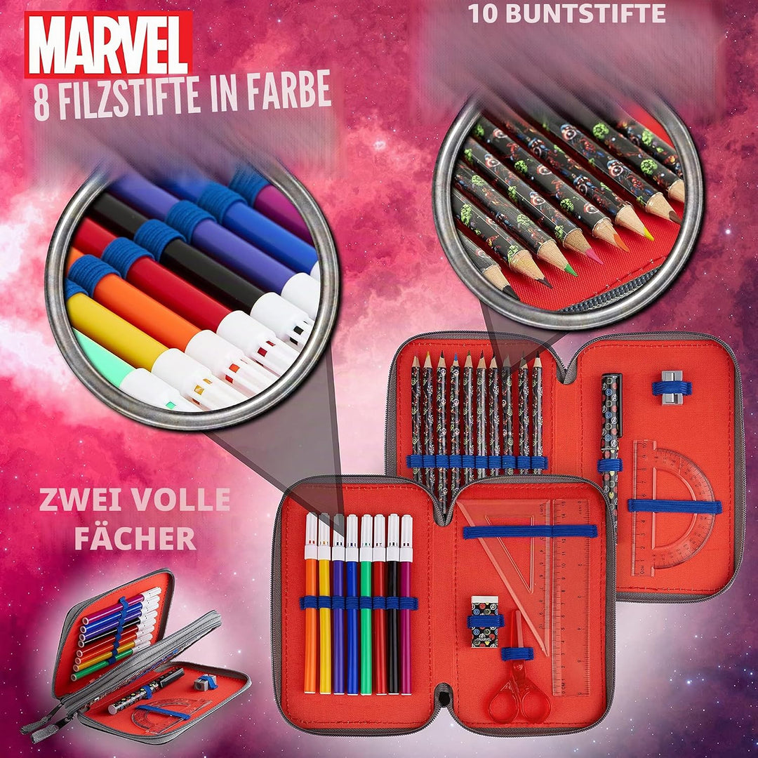 Marvel Federmäppchen für Jungen, Federmäppchen, Fächer, gefüllt, für Schule, Filz, Buntstift, Gesche