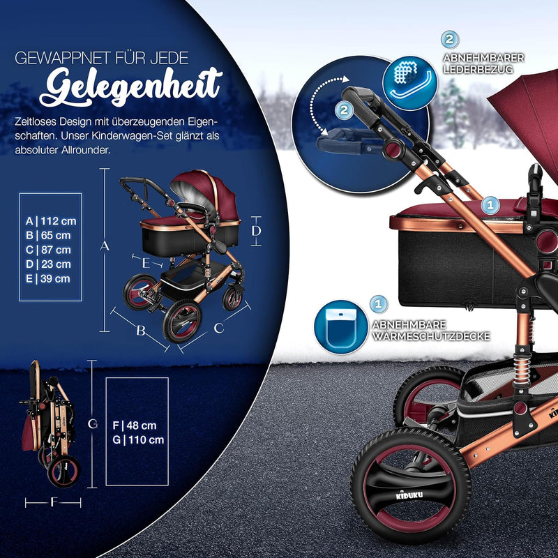 KIDUKU® 3 in 1 Kinderwagen XXL Komplettset | Kombikinderwagen Set inkl. Babywanne Buggy Sportsitz &