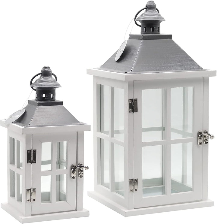 Dekovita 2er-Set Gartenlaterne 27cm/40cm - Holz-Laternen in Weiss mit Glas-Scheiben Henkel Deko-Late