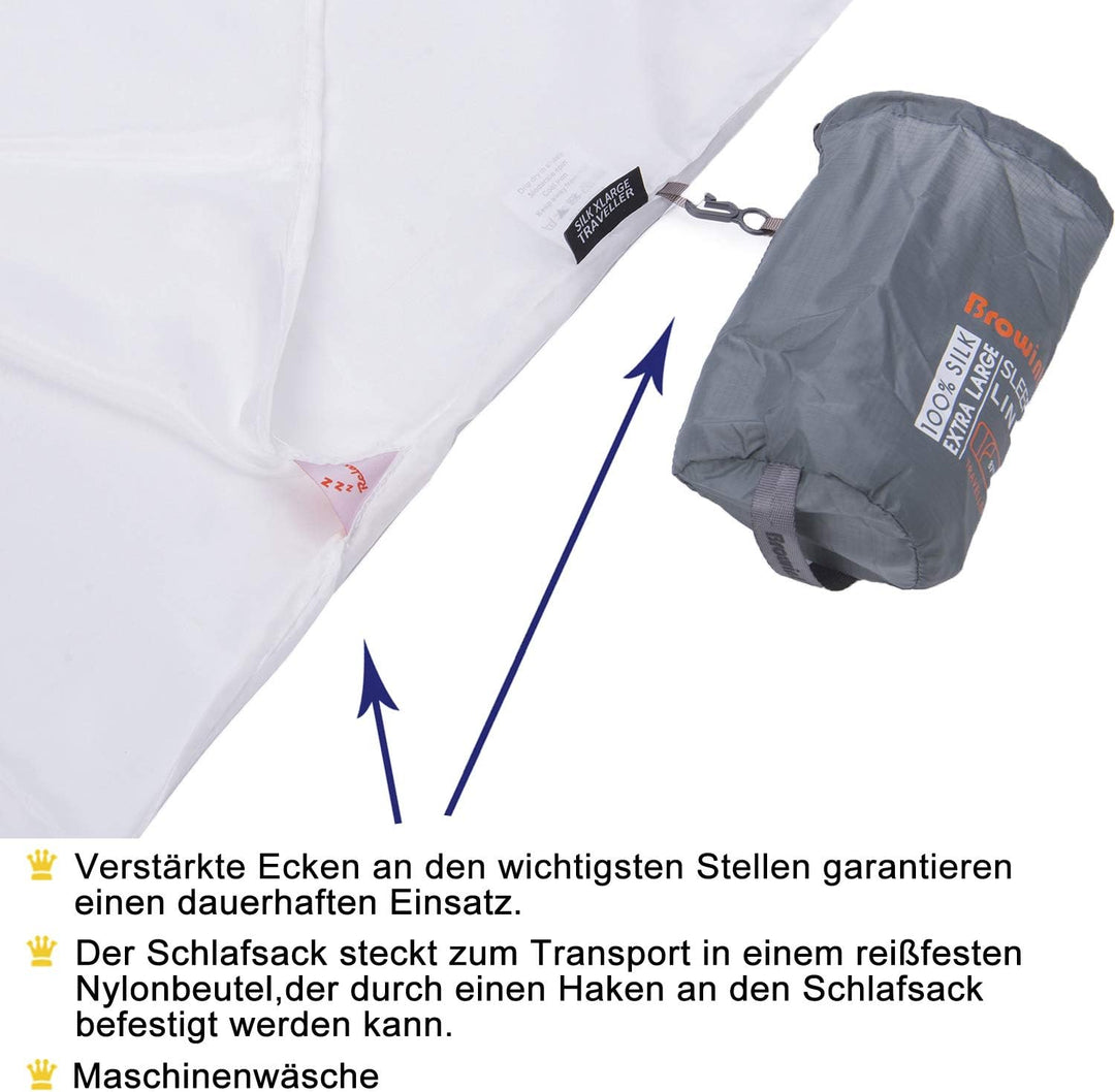 BROWINT Seidenschlafsack, Hüttenschlafsack aus 100% Naturseide, Extrabreite 220x110cm, 220x87cm, 185