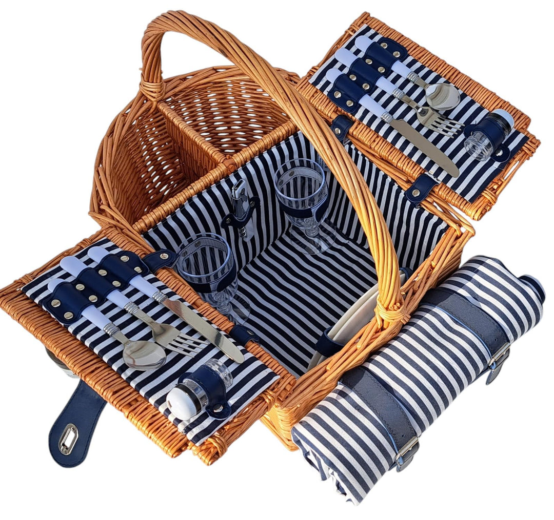 Picknickkorb für 2 Personen mit Picknickdecke, Besteck, Tellern, Weingläsern, Salz &amp; Pfeffer, Korken