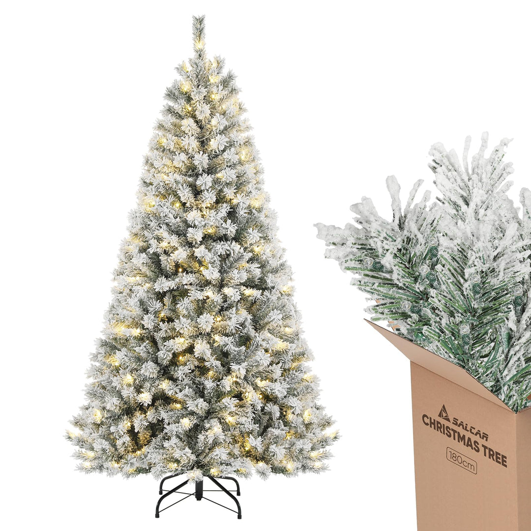 SALCAR 180 cm Künstlicher Weihnachtsbaum mit Schnee und Beleuchtung, Tannenbaum mit 828 Spitzen und