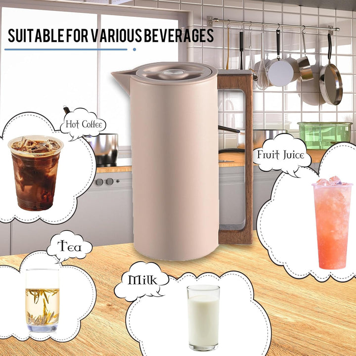 Thermoskanne Kaffeekannen Edelstahl Vakuum Isolations, Mit Holzgriff Und Einfachem Sicherheitsdruckk