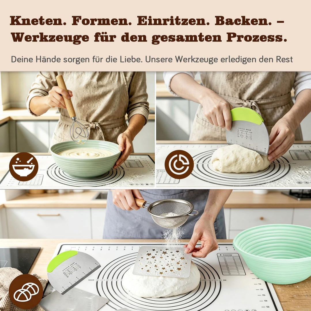 Sauerteig Starter Set, 30-teilig Gärkorb Brot, 30CM runde und ovale Silikon-Gärkörbe, Komplettset Br