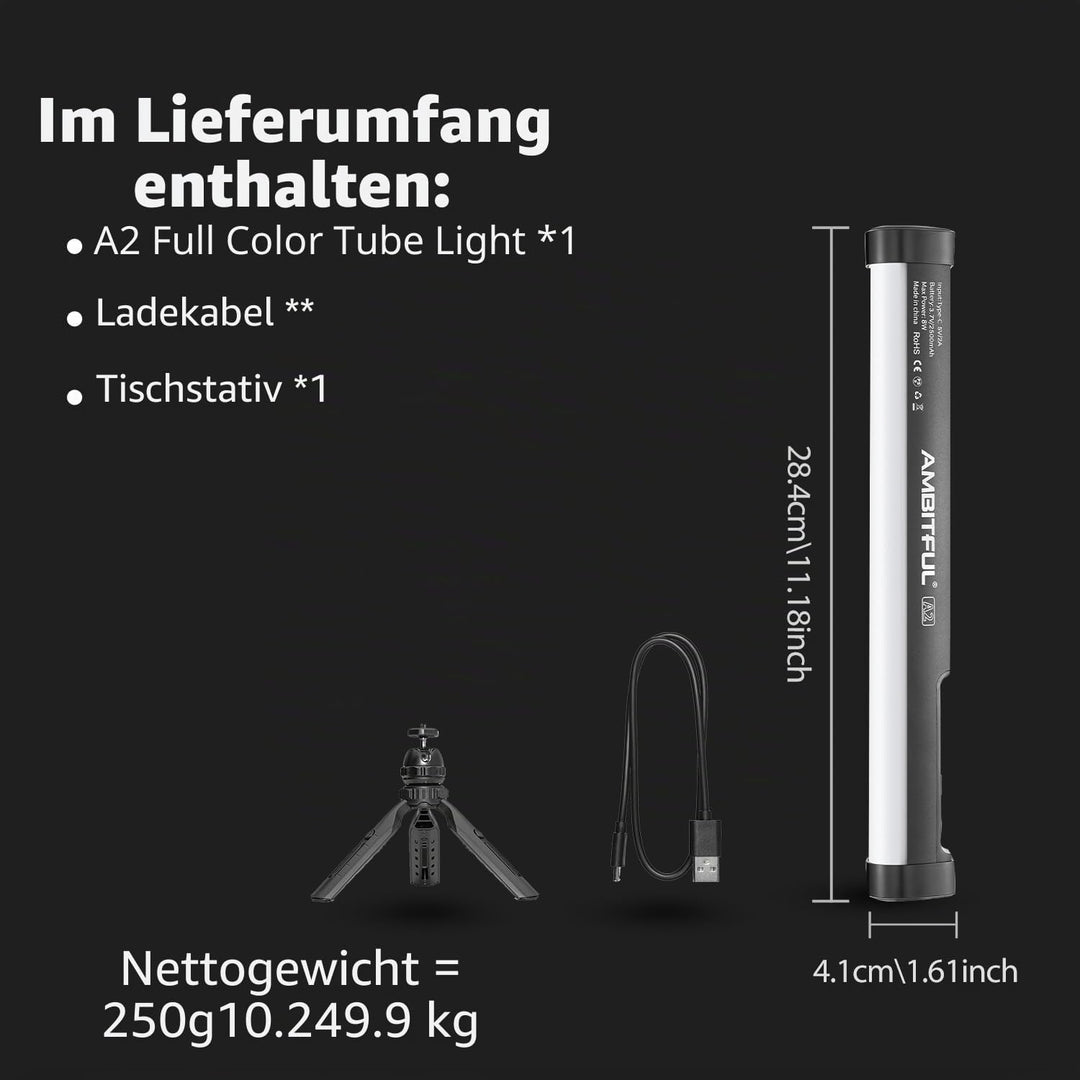 AMBITFUL A2 Vollfarbiges RGB-Röhrenlicht, CRI 95 TLCI 97 Genaue Farbe, 2500K-8500K, RGB CCT HSI Modu