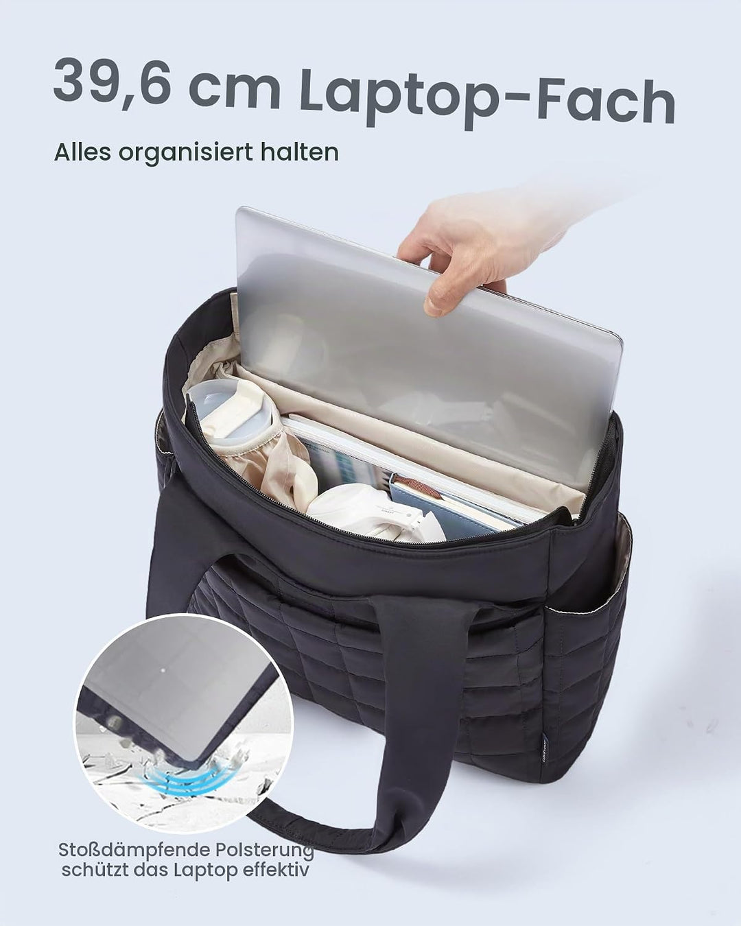 LOVEVOOK Puffer Handtasche Damen Gross, 15,6 Zoll Laptoptasche Shopper Tasche mit Wasserflaschenfach