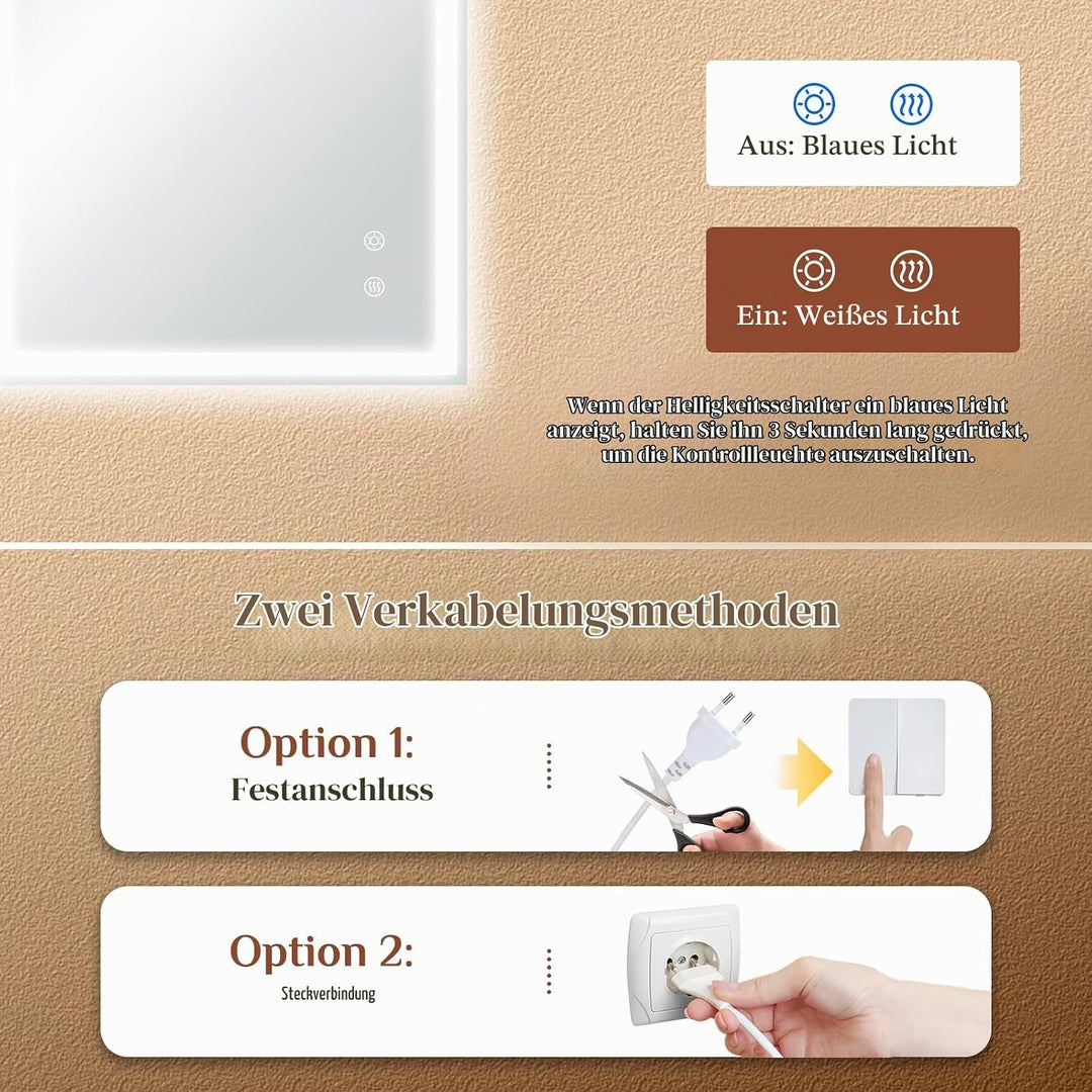 Clevich Badspiegel mit Beleuchtung 120×60 cm, LED Spiegel mit 3 Lichtfarben Dimmbar, Gehärtetes Glas