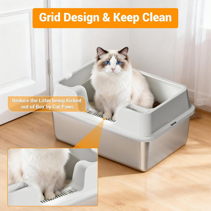 Katzenklo Edelstahl XXL, Katzentoilette Edelstahl Grosse Kapazität Auslaufsicher mit Hohem Rand Gege