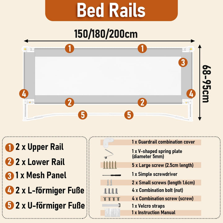 Tubiaz 2x180cm+1x150cm Bettgitter Rausfallschutz, Klappbare Bettschutzgitter mit U-förmige Füsse, Ki