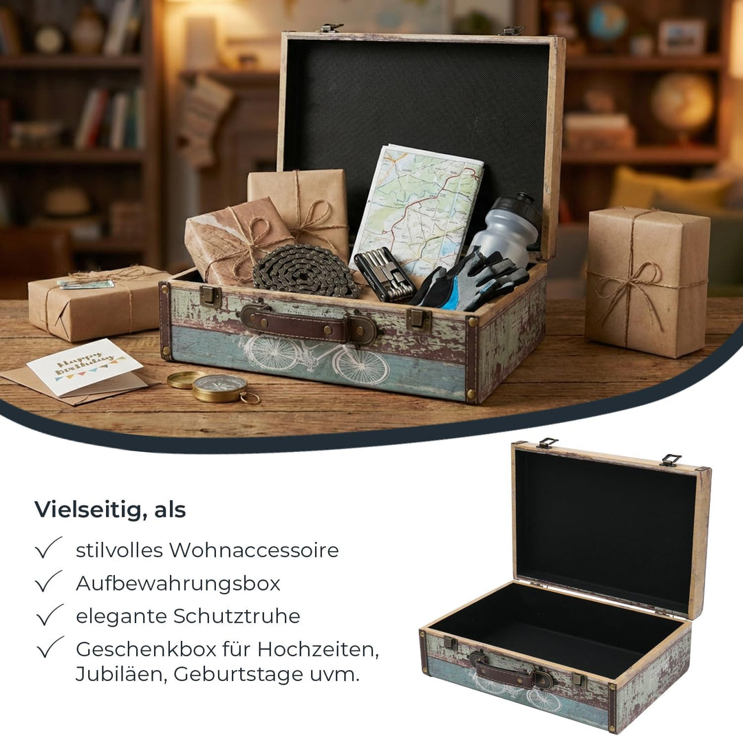 HMF Vintage Deko Koffer aus Holz, Aufbewahrungsbox mit Deckel und Ledergriff, stilvolle Aufbewahrung