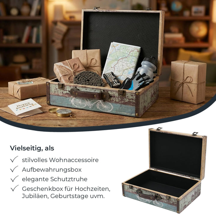 HMF Vintage Deko Koffer aus Holz, Aufbewahrungsbox mit Deckel und Ledergriff, stilvolle Aufbewahrung