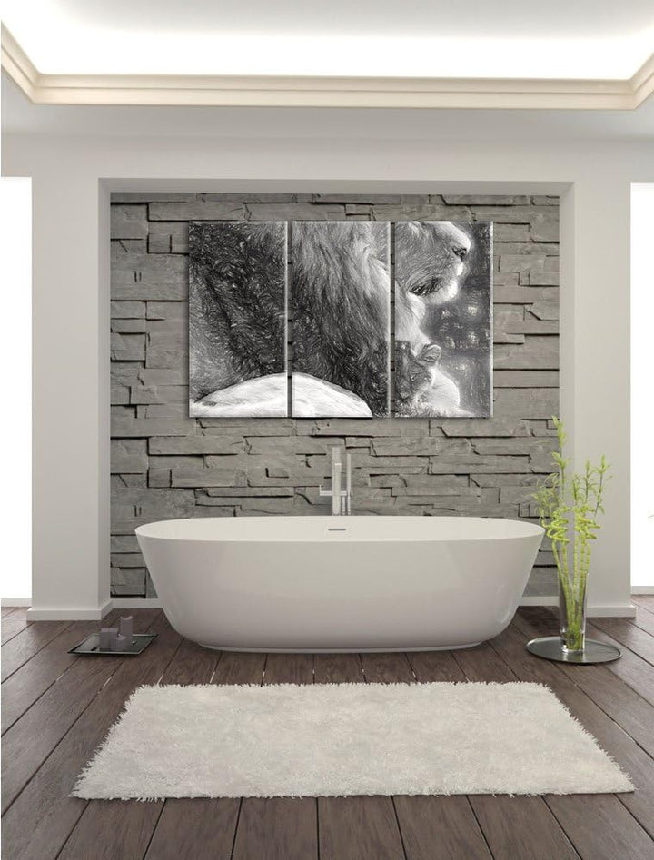 Pixxprint Löwe mit Löwenbaby als Leinwandbild/Grösse: 3 Teilig (120x80) cm/Wandbild/Kunstdruck/ferti