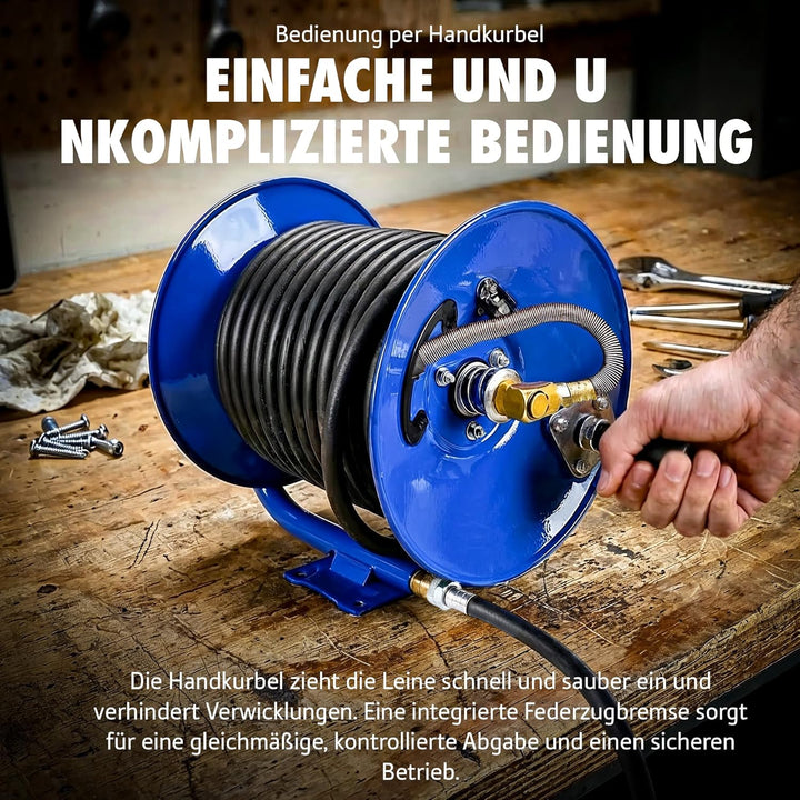 Goodyear Druckluft-Schlauchaufroller mit Handkurbel 30 m x 9,5 mm – Manuelle Schlauchtrommel aus Sta
