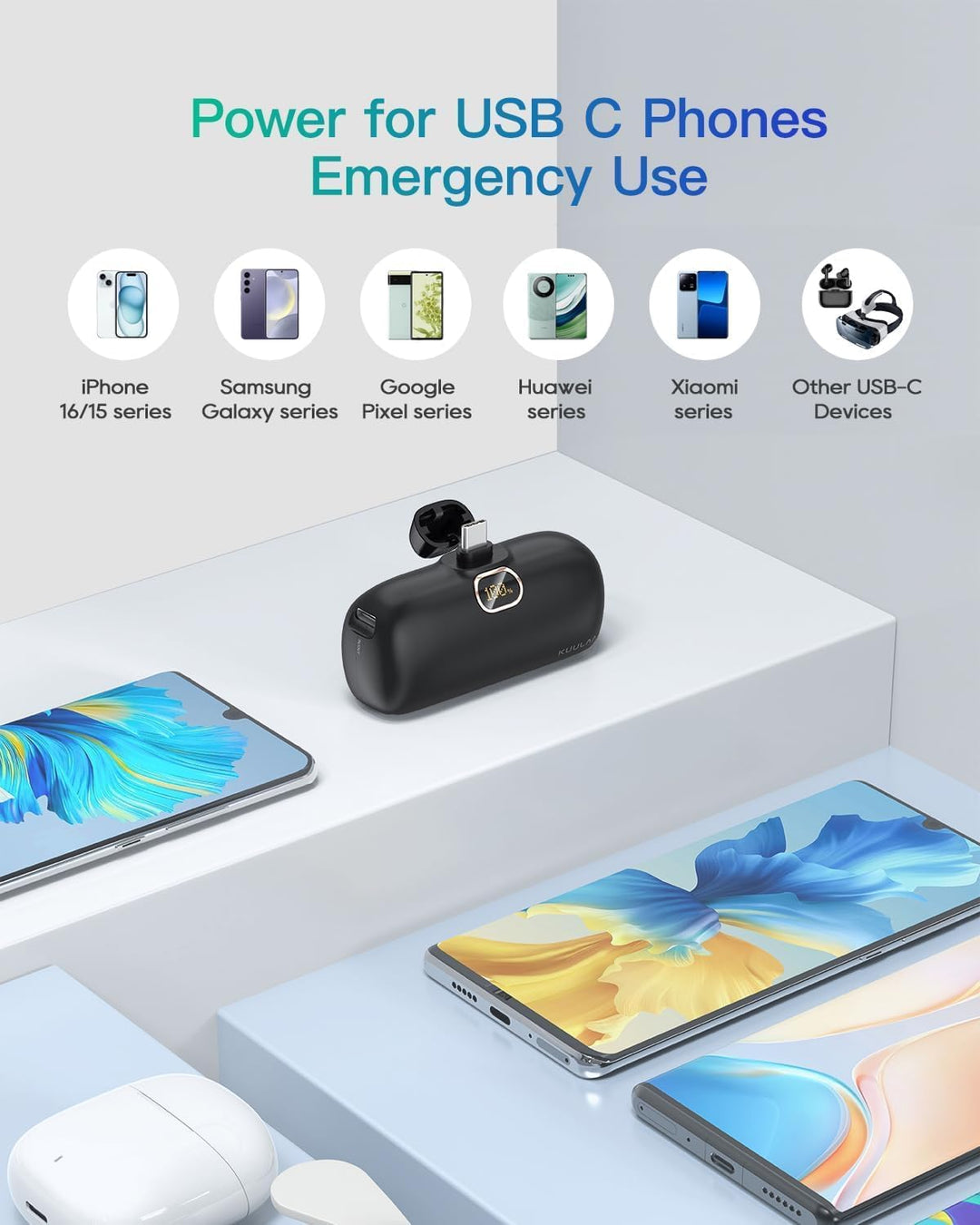 Mini Powerbank USB C 5000mAh, Klein Power Bank 20W PD Schnelles Aufladen Externer Akku, Compact LED