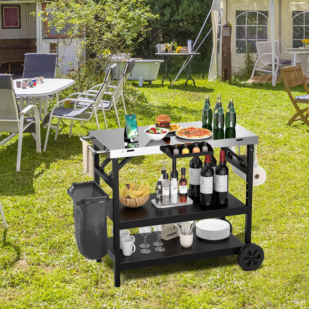 GYMAX 3-Ebenen Grilltisch klappbar, Servierwagen für die Zubereitung von Speisen, BBQ Werktisch mit