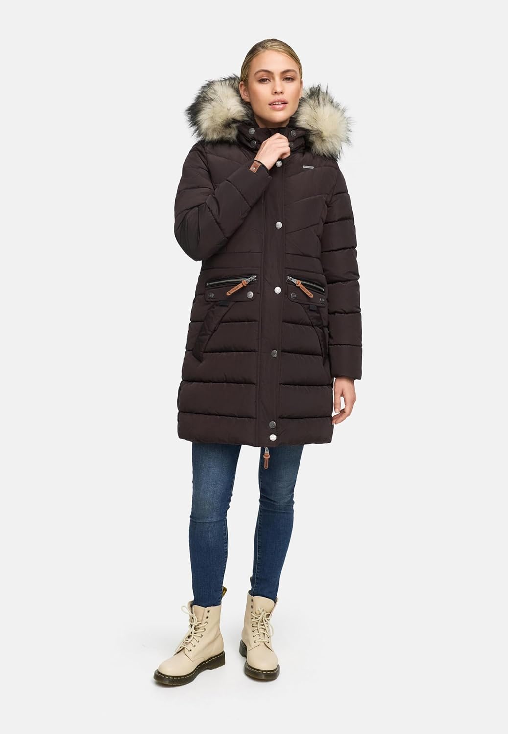 Navahoo Damen Wintermantel warmer Steppmantel lang mit abnehmbarer Kunstfell-Kapuze Paula XS-5XL S C