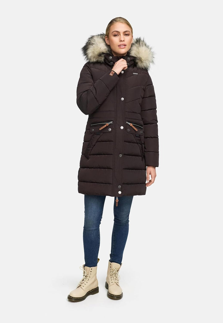Navahoo Damen Wintermantel warmer Steppmantel lang mit abnehmbarer Kunstfell-Kapuze Paula XS-5XL S C