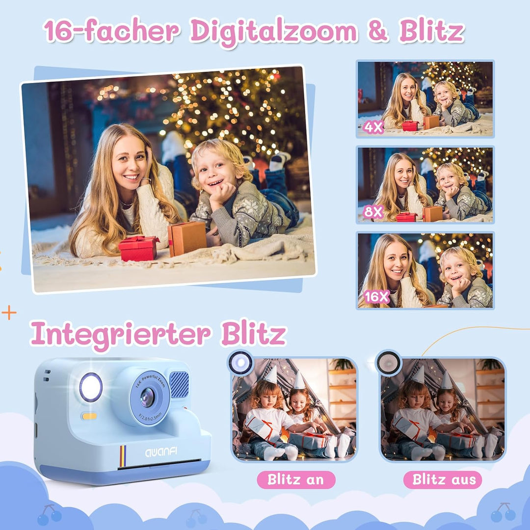 Kinderkamera Sofortbildkamera, 2,4 Zoll 1080P Sofortbildkamera Kinder mit 32GB Karte & 3 Rollen Druc