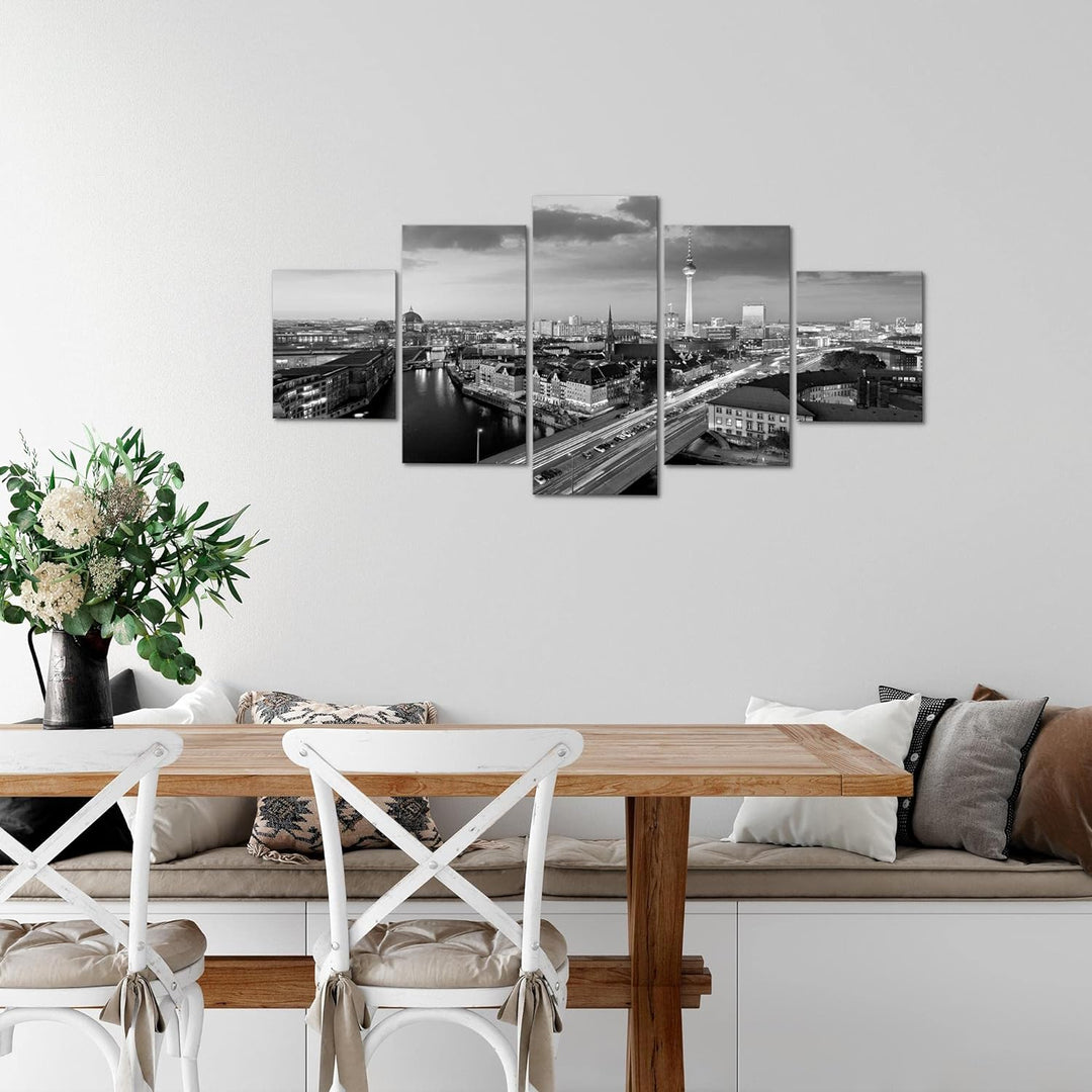Runa Art Wandbilder Berlin 5 Teilig Bild auf Vlies Leinwand Deko Büro Wohnzimmer Stadt Schwarz Weiss