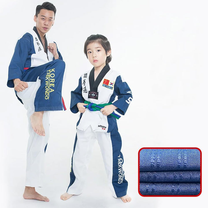 Taekwondo Gi Set DobokTaekwondo Standard Uniform TKD Anzug mit Gürtel Blau-Weiss 130, Blau-Wei&amp;