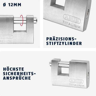 ABUS Titalium Vorhängeschloss 82TI/70 - Monoblock-Hangschloss für Rollgitter, Automaten, Container u