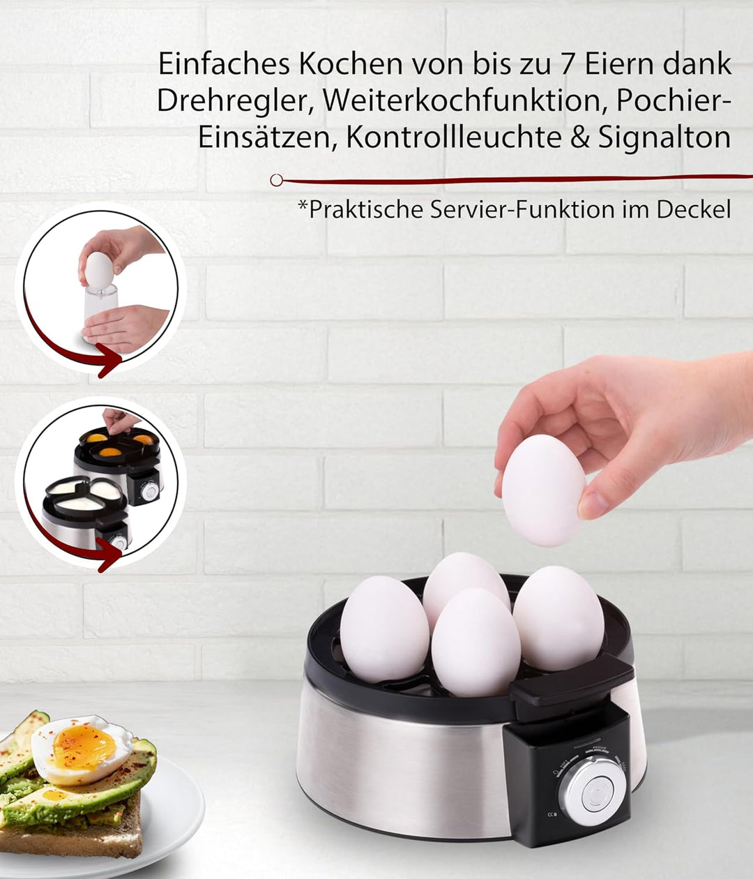 Cloer 6070 Elektronischer Eierkocher für bis zu 7 Eier, Weiterkochfunktion, akustische Fertigmeldung