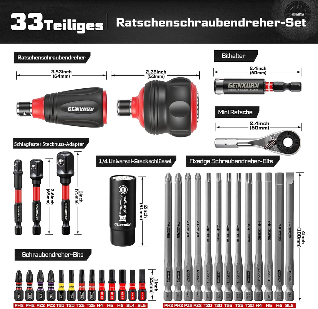 GEINXURN 33tlg. Stubby Ratschen-Schraubendreher-Set, 2-in-1 Stummelschrauber, 5-14mm Universal Steck