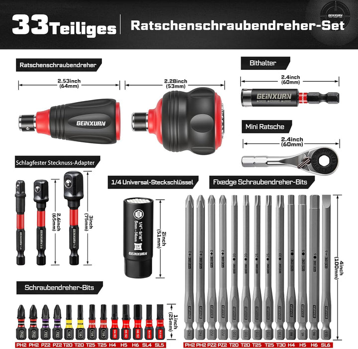 GEINXURN 33tlg. Stubby Ratschen-Schraubendreher-Set, 2-in-1 Stummelschrauber, 5-14mm Universal Steck