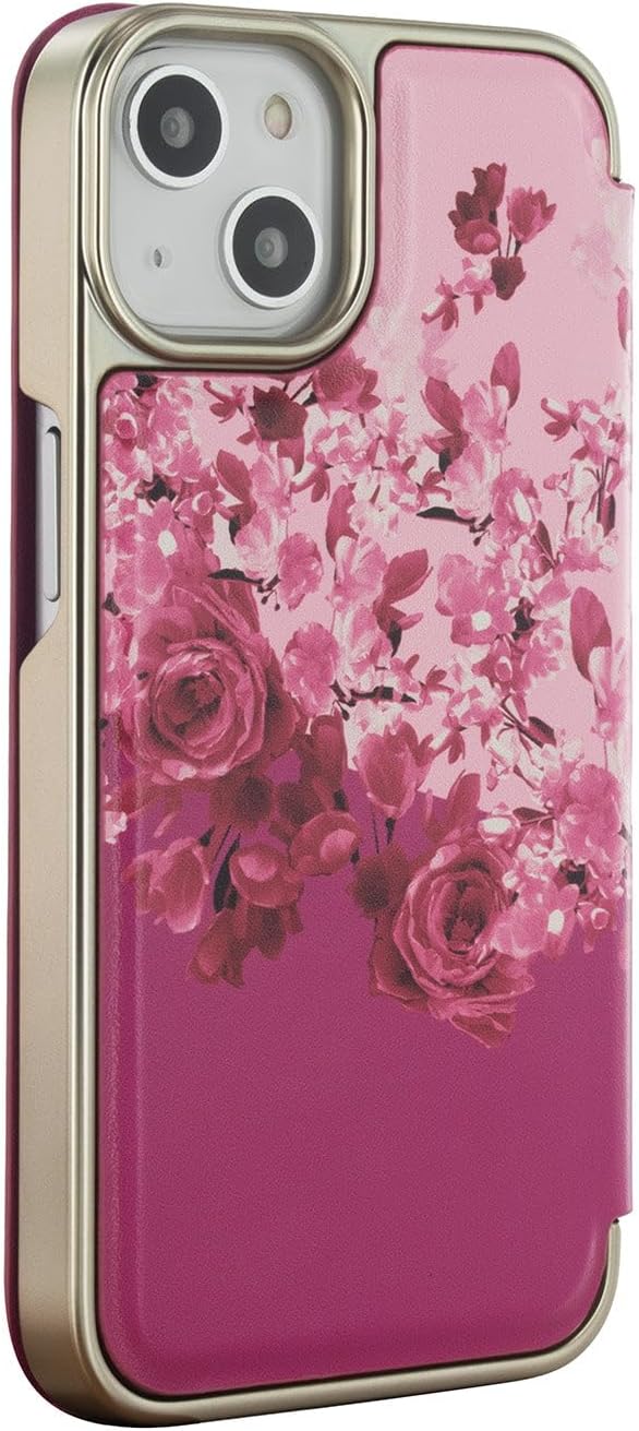 Ted Baker ALSTRO Pink Scattered Flowers Mirror Folio Phone Case for iPhone 13/14 Gold Shell