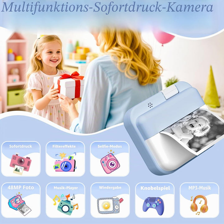 Kinderkamera Sofortbildkamera,1080P HD-Sofortkamera für Kinder mit 32 GB-Karte und 3 Rollen Fotopapi